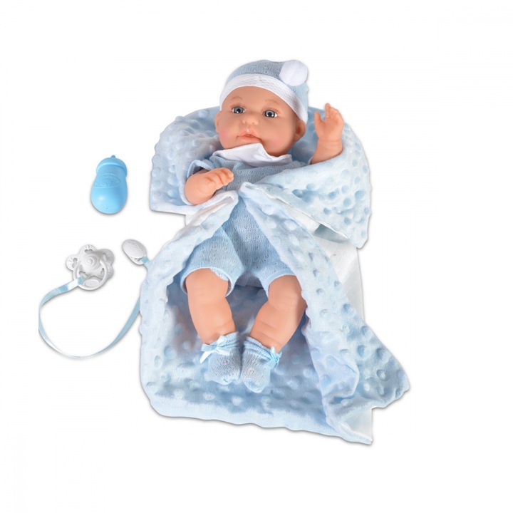 Кукла Бебе момиченце 36см Moni Baby Boy Blue с гащеризон, шапчица, одеяло за повиване, залъгалка и играчка включени