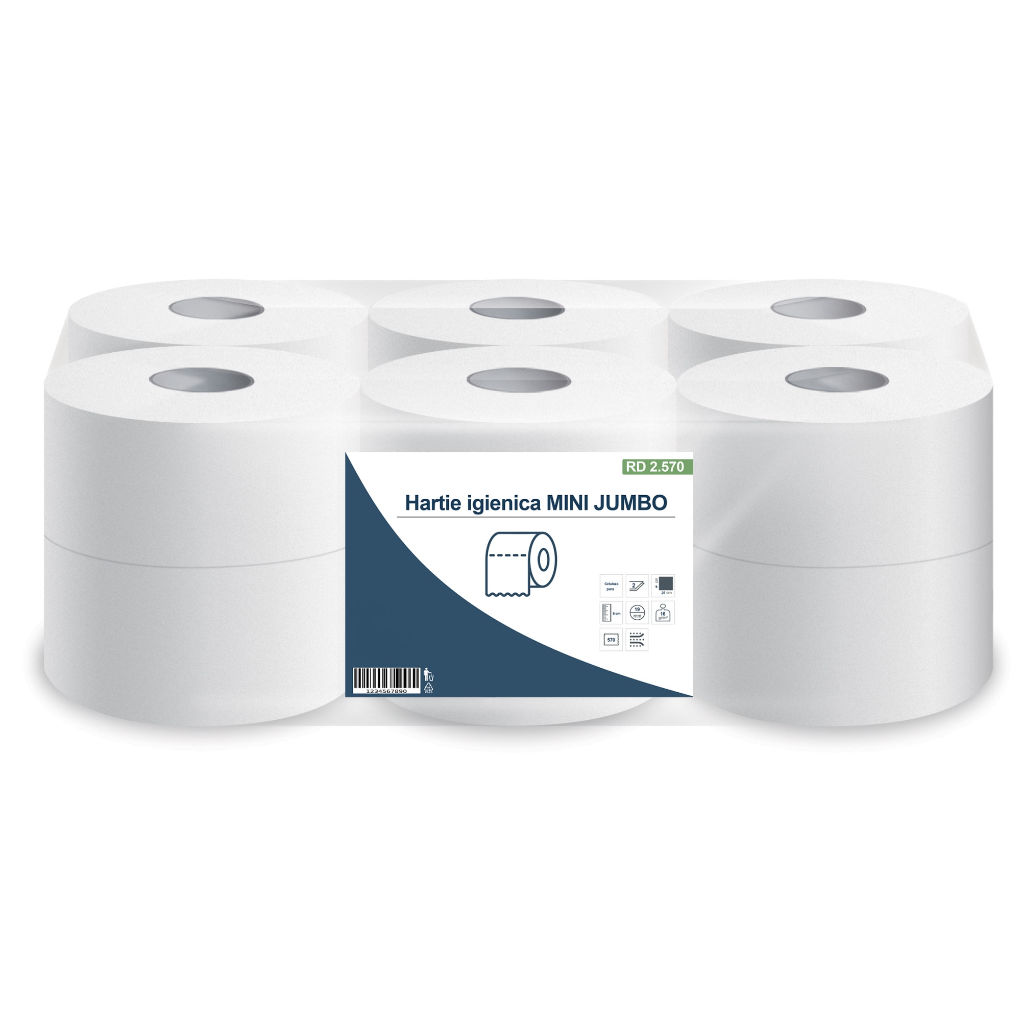 Hartie igienica mini jumbo lungime rola 142m, alba, 2 straturi, embosata, bax 12 role