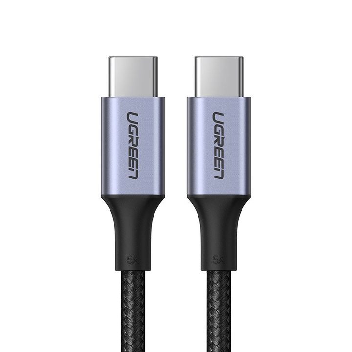 Кабел Ugreen USB-C към USB-C, 5A, 100W, Power Delivery, Quick Charge 3.0, 480Mbps, 1.5M, сив