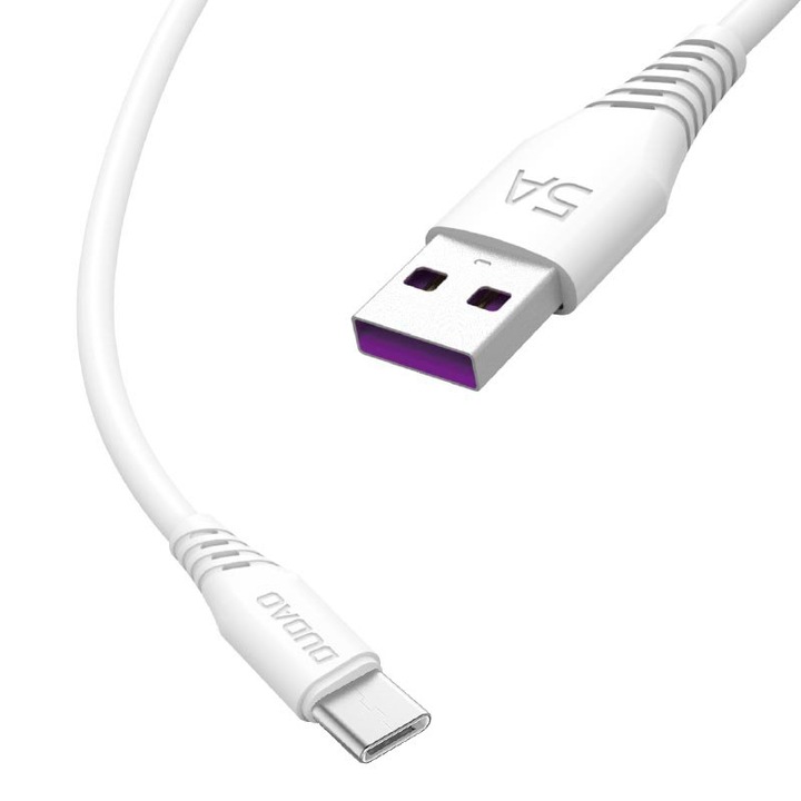 Кабел Dudao, USB към USB-C, бързо зареждащ, 5A, 2m, бял