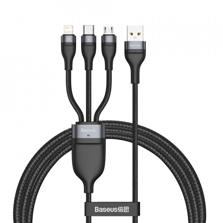 Baseus 3в1 USB към Lightning към USB Typ C и Micro USB, 1.2m, 5A, 480Mbps, 40W, черен, сив