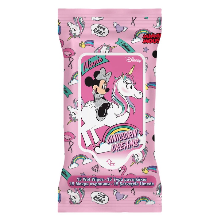 Disney Wet Wipes, Minnie Unicorn, Комплект от 15 части, Напоени с Алое Вера и Витамин Е, Многоцветни, Travel