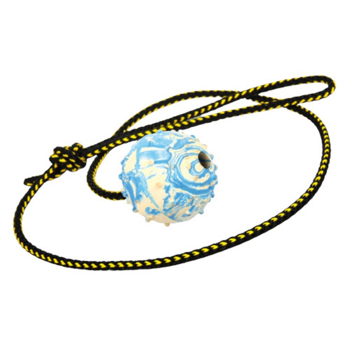 Minge de preluare pentru caini DINGO, 17297, pentru dresaj, din cauciuc dur, cu o coarda de 60 cm, multicolor