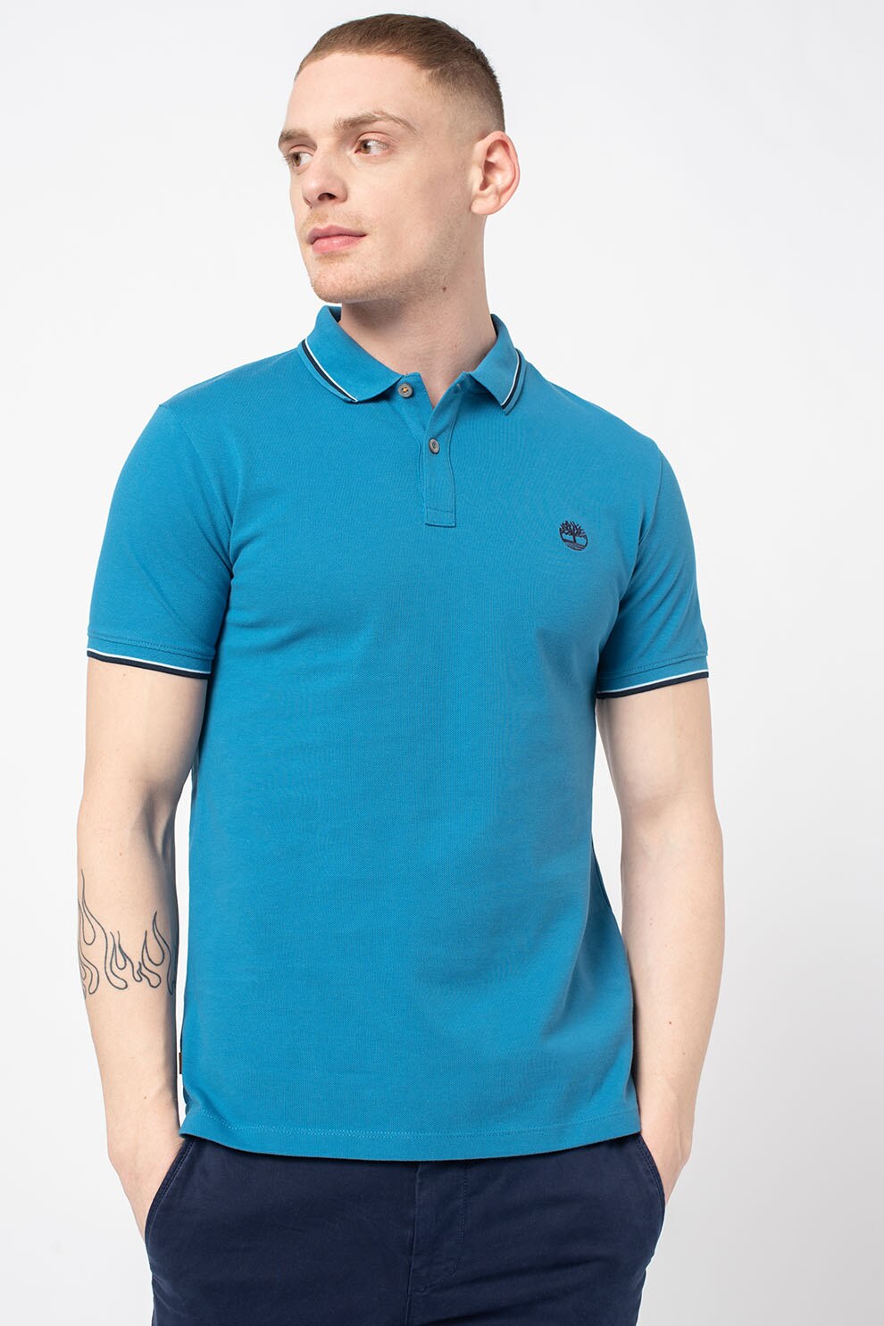 Timberland, Tricou slim fit de bumbac organic Millers River, Albastru petrol