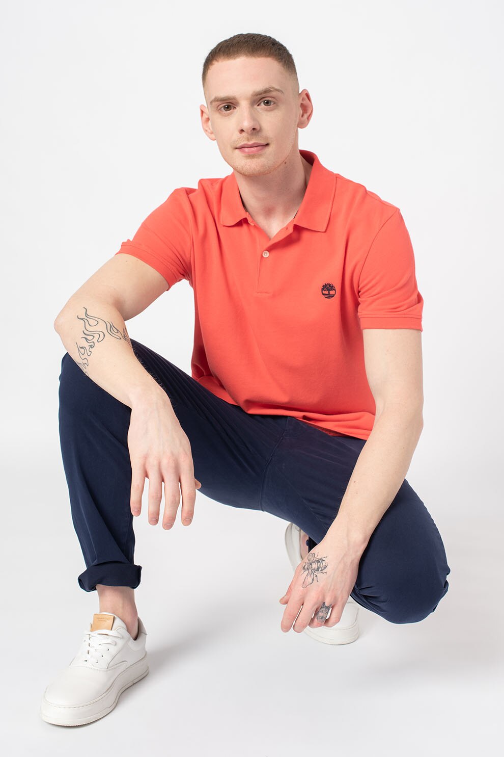 Timberland, Tricou polo slim fit cu logo brodat, Corai/Negru