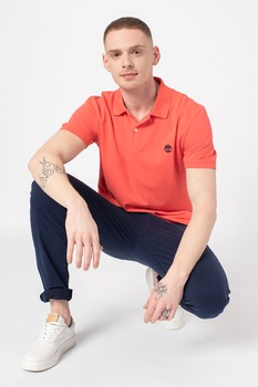 Timberland, Tricou polo slim fit cu logo brodat, Corai/Negru Timberland, Tricou polo slim fit cu logo brodat, Corai/Negru