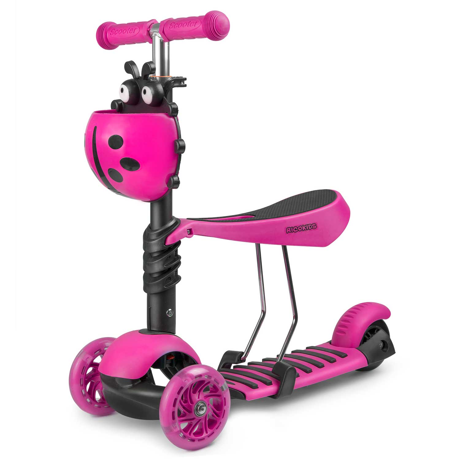 Trotineta cu trei roti Ricokids Buggy, pentru copii, cu iluminare led, roz