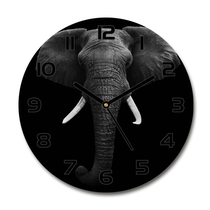 Ceas de perete. de sticla. elefant african. Negru. Rotund Ø30 cm. 49228540