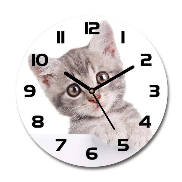 Ceas de perete. de sticla. pisica. Gri. Rotund Ø30 cm. 80791907