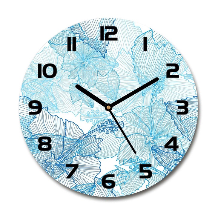 Ceas de perete. de sticla. flori hawaii albastre. Albastru. Rotund Ø30 cm. 67130286