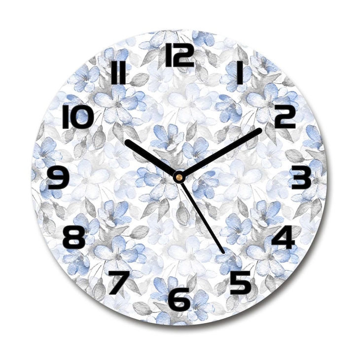 Ceas de perete. de sticla. flori delicate albastre. Albastru. Rotund Ø30 cm. 91860702