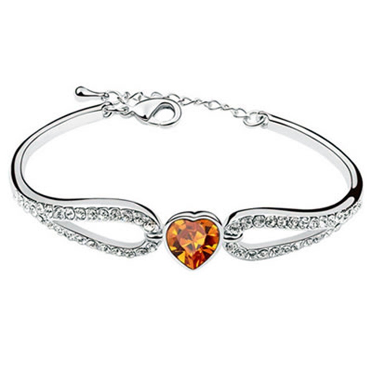 Bratara ZZV argintie cu doua bucle de strasuri albe si inimioara din cristal australian galben