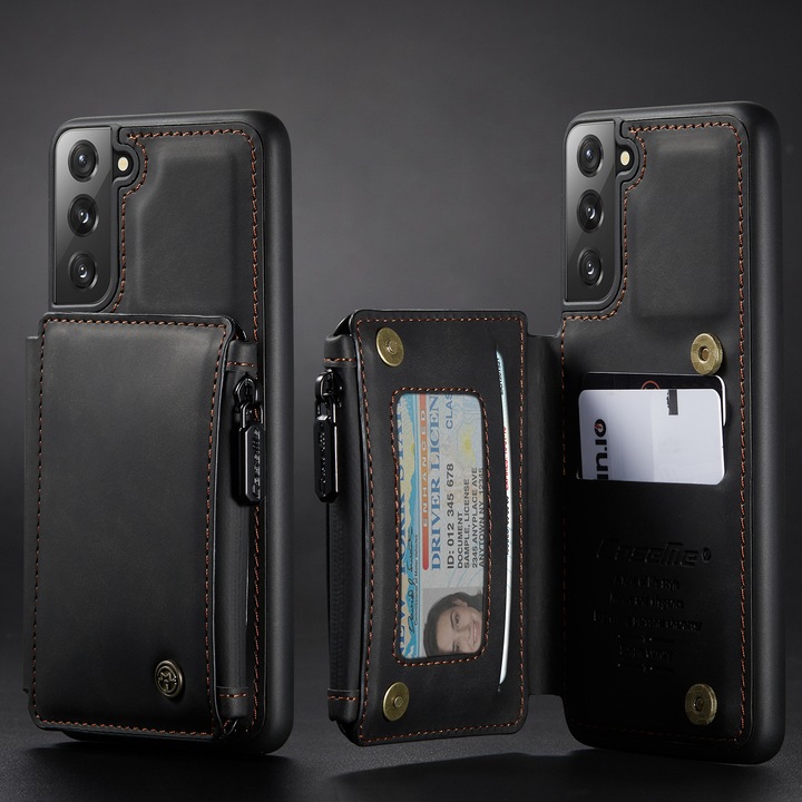 Калъф за Samsung Galaxy S21, кожа с кадифена текстура, back cover, отделение за карти, джоб с цип, RFID защита, Черно