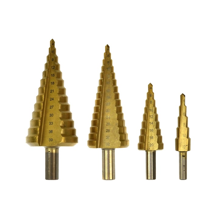 4 db kúpos fúrószár készlet lépcsőben Alu Geko G38506, 4-12, 4-20, 4-32, 4-39