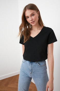 Trendyol, Tricou din bumbac cu decolteu in V, Negru Trendyol, Tricou din bumbac cu decolteu in V, Negru