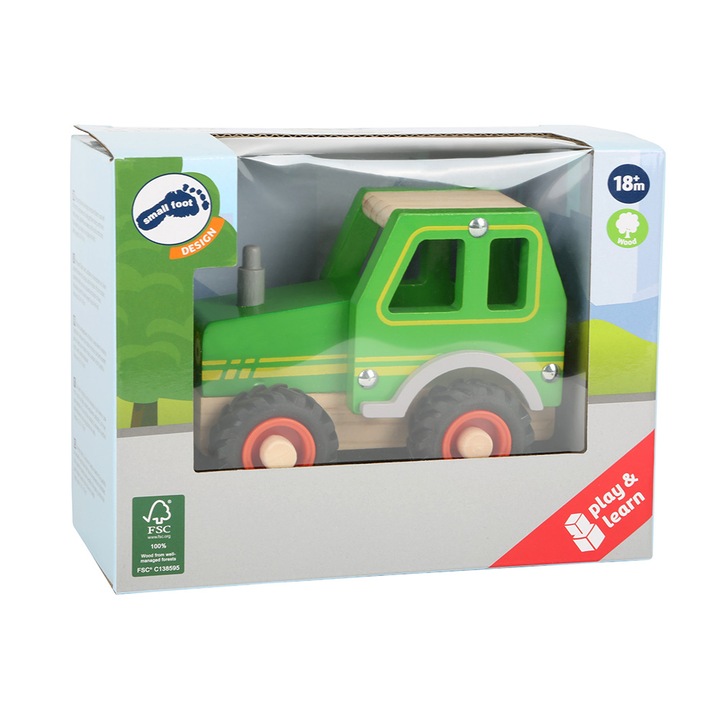 Tractor din lemn, Small Foot, Verde, 13 x 7 x 10 cm