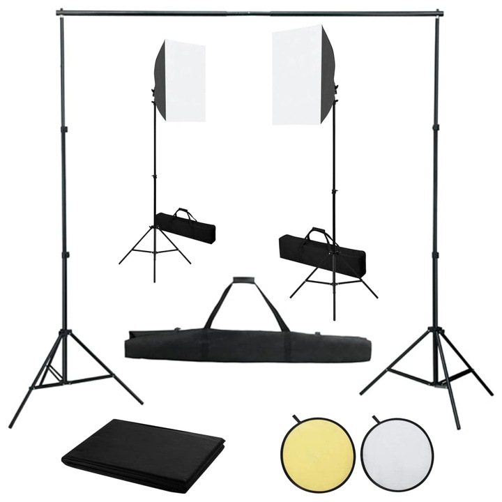 Kit de studio foto cu lumini softbox, fundal si reflector, vidaXL, Aluminiu, 300 x 300 cm, Negru
