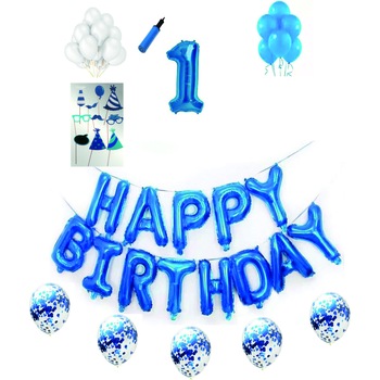 Set complet baloane Happy Birthday, pentru 1 an, Albastru, cifra 1 metru cu set de propsuri Set complet baloane Happy Birthday, pentru 1 an, Albastru, cifra 1 metru cu set de propsuri