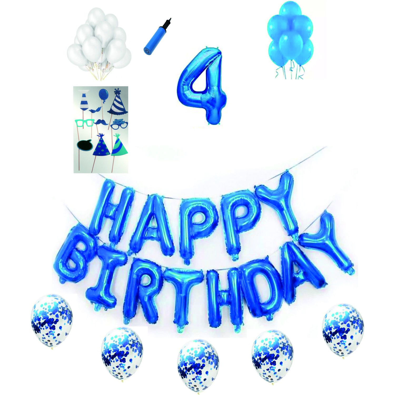 Set complet baloane Happy Birthday, pentru 4 ani, Albastru, cifra 1 metru cu set de propsuri