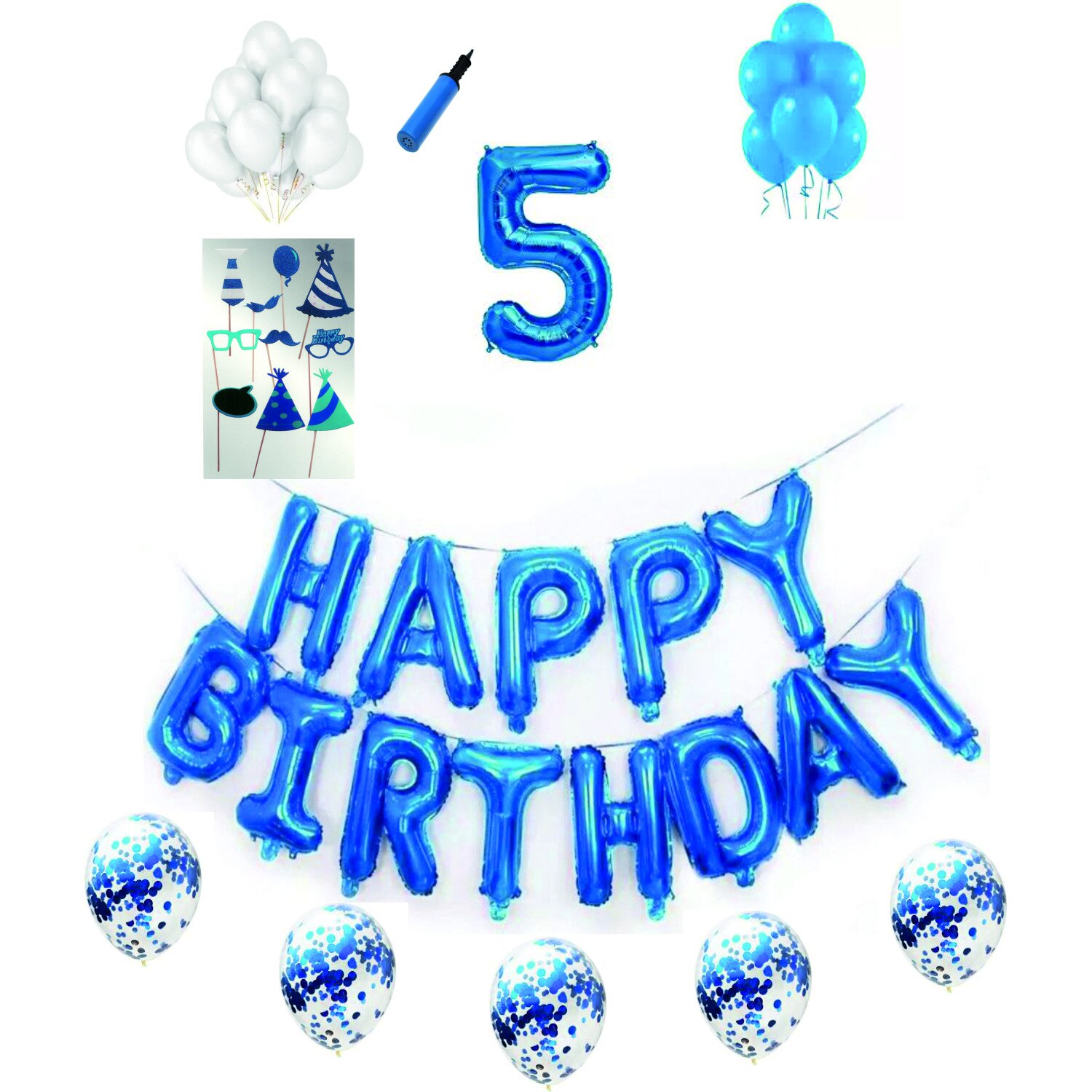 Set complet baloane Happy Birthday, pentru 5 ani, Albastru, cifra 1 metru cu set de propsuri