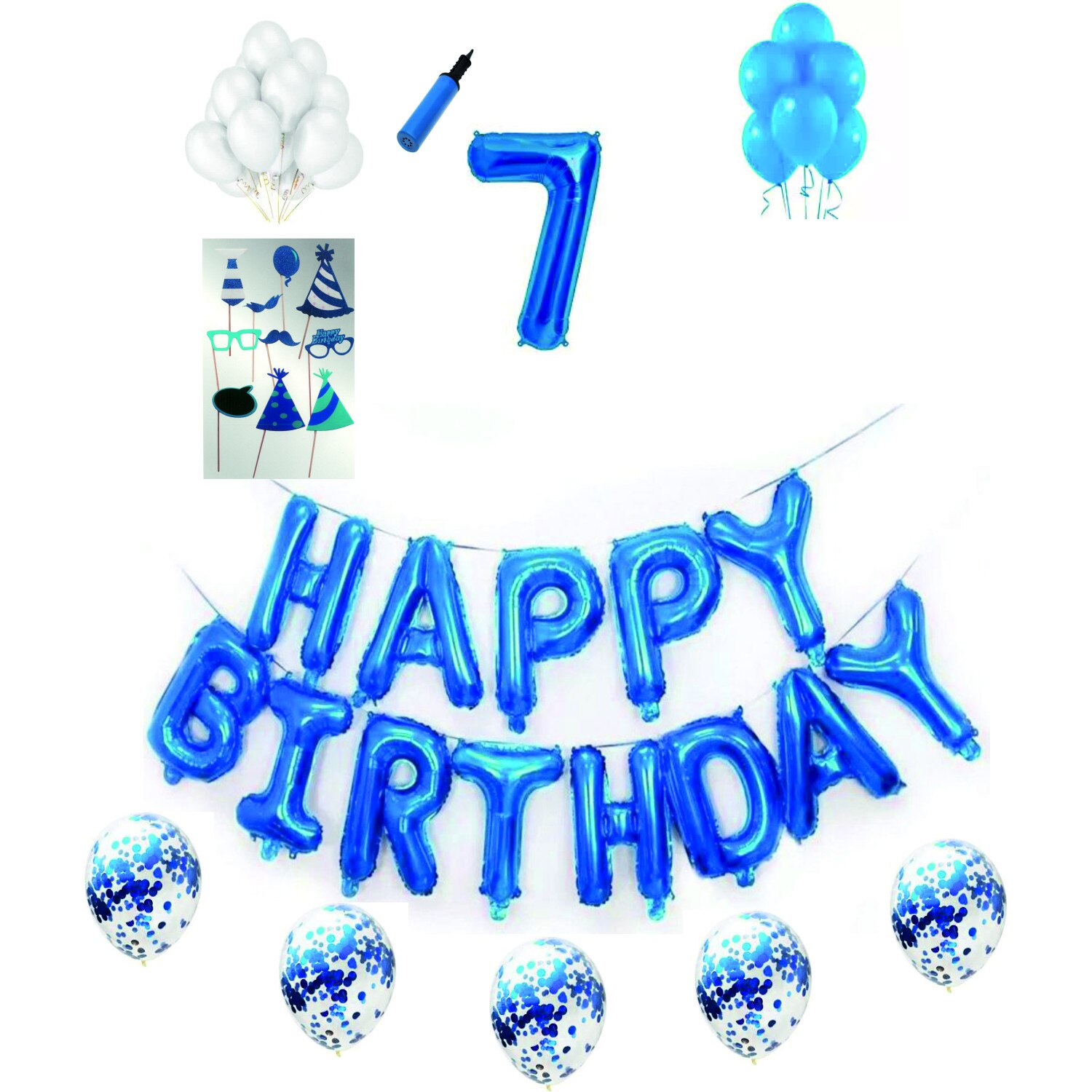 Set complet baloane Happy Birthday, pentru 7 ani, Albastru, cifra 1 metru cu set de propsuri
