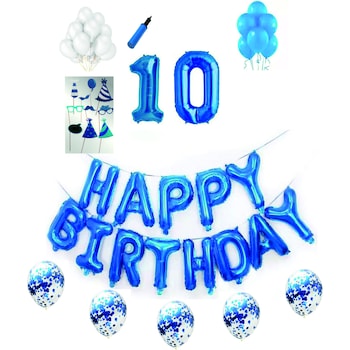 Set complet baloane Happy Birthday, pentru 10 ani, Albastru, cifre 1 metru cu set de propsuri Set complet baloane Happy Birthday, pentru 10 ani, Albastru, cifre 1 metru cu set de propsuri