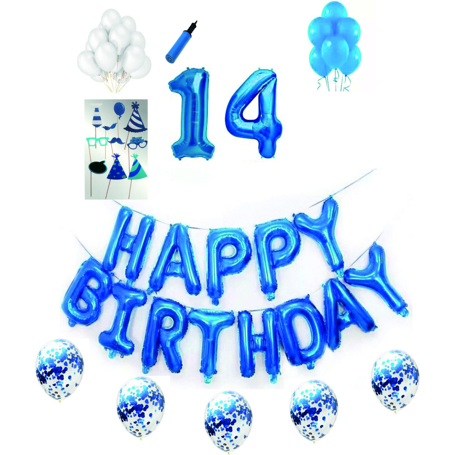 Set complet baloane Happy Birthday, pentru 14 ani, Albastru, cifre 1 metru cu set de propsuri