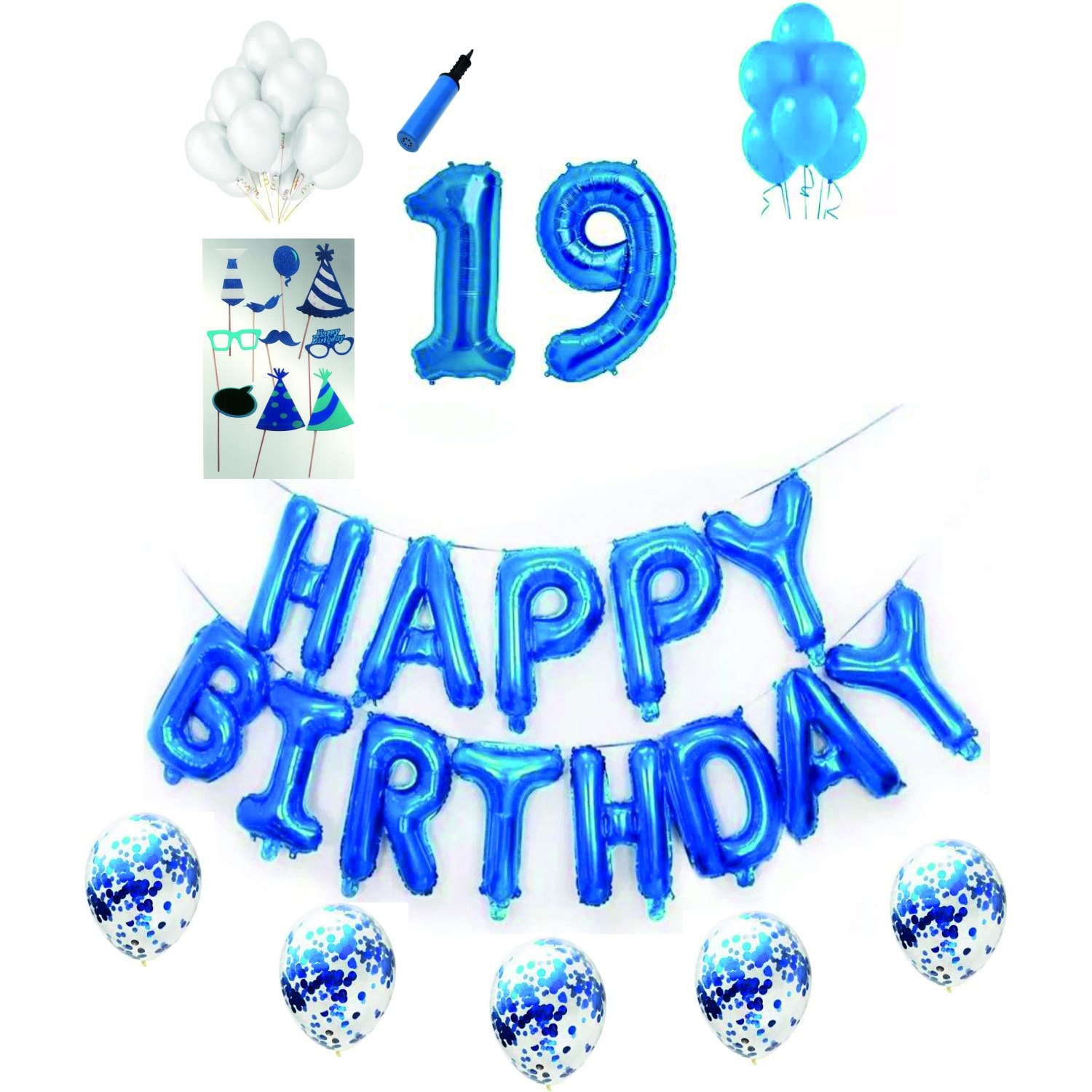 Set complet baloane Happy Birthday, pentru 19 ani, Albastru, cifre 1 metru cu set de propsuri