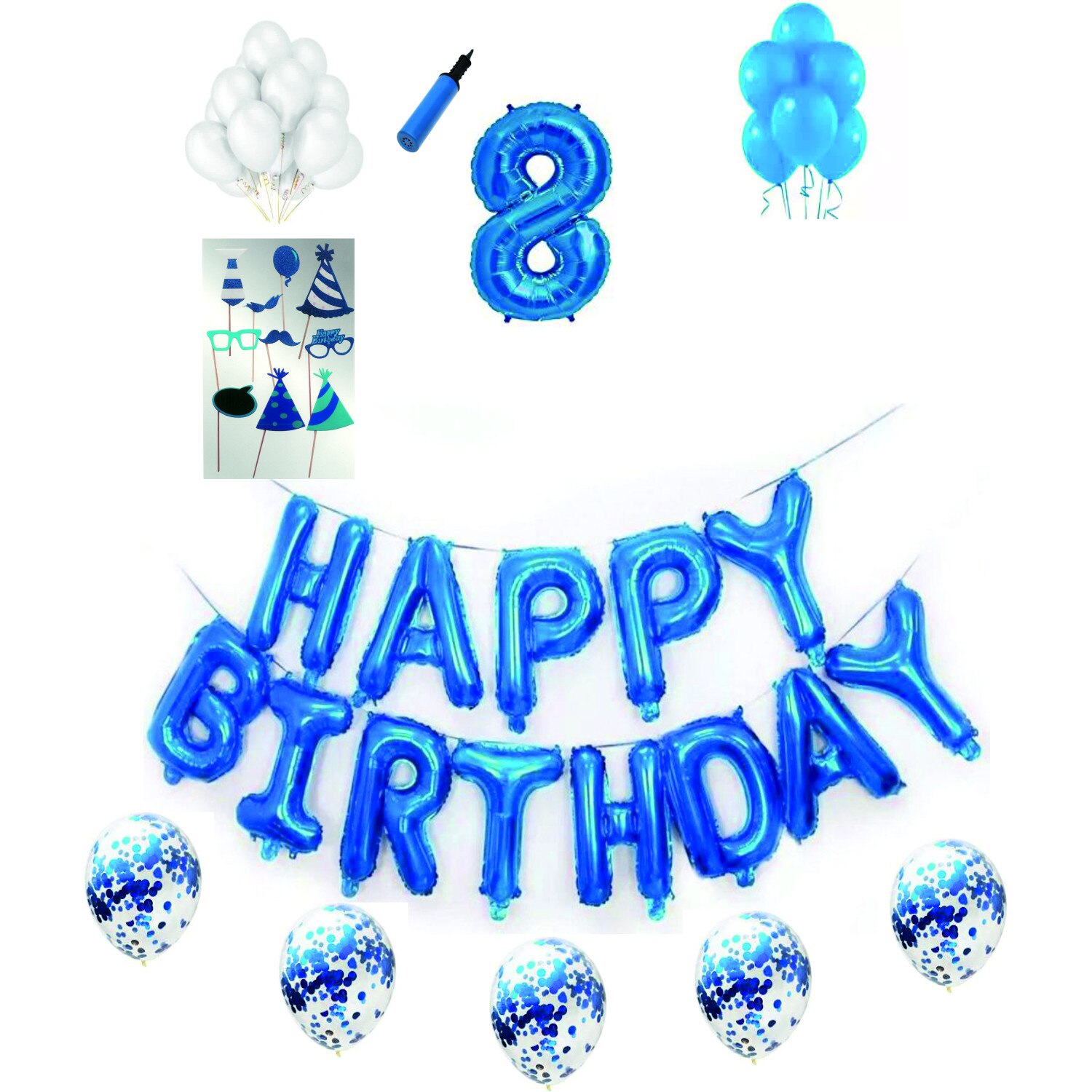 Set complet baloane Happy Birthday, pentru 8 ani, Albastru, cifra 1 metru cu set de propsuri