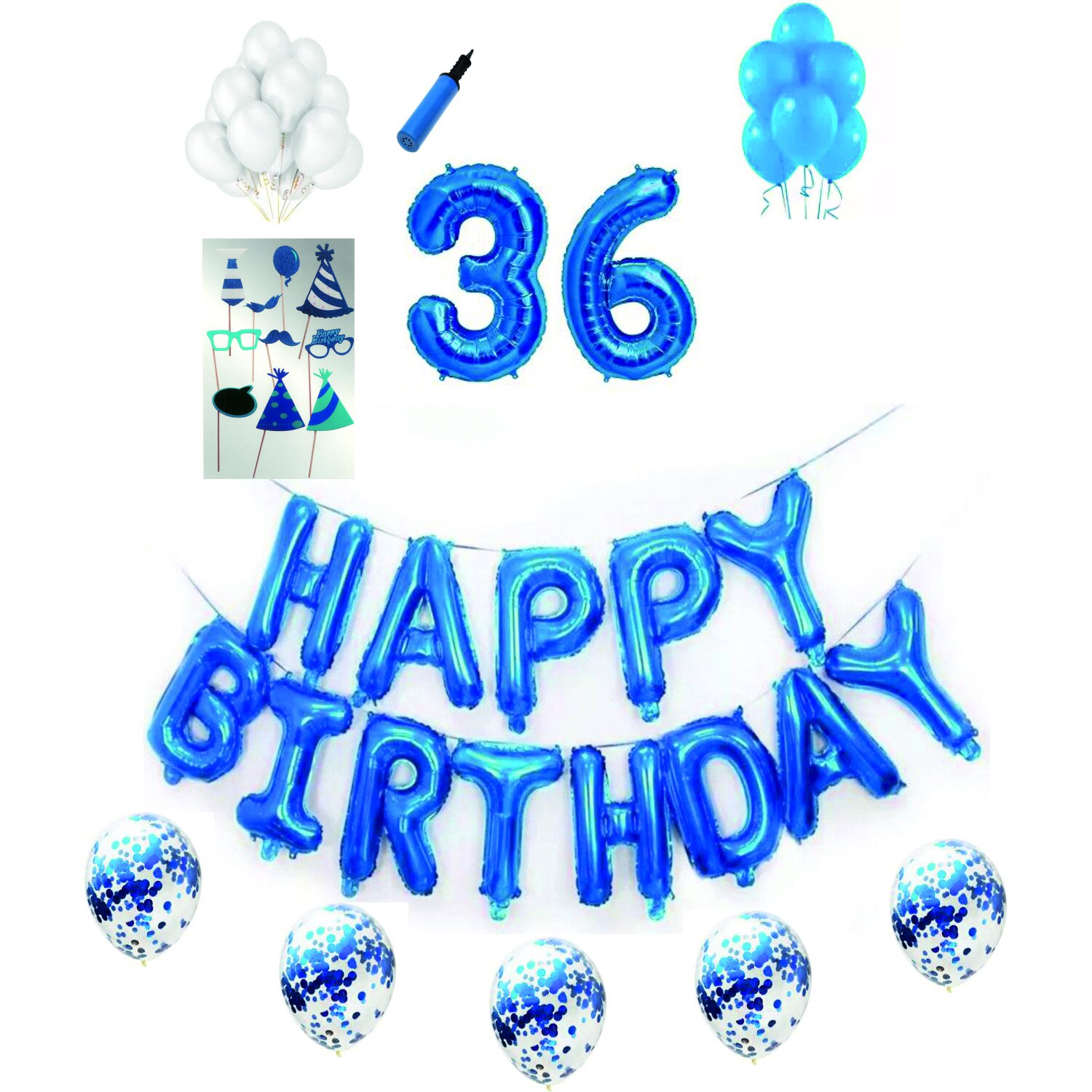 Set complet baloane Happy Birthday, pentru 36 ani, Albastru, cifre 1 metru cu set de propsuri