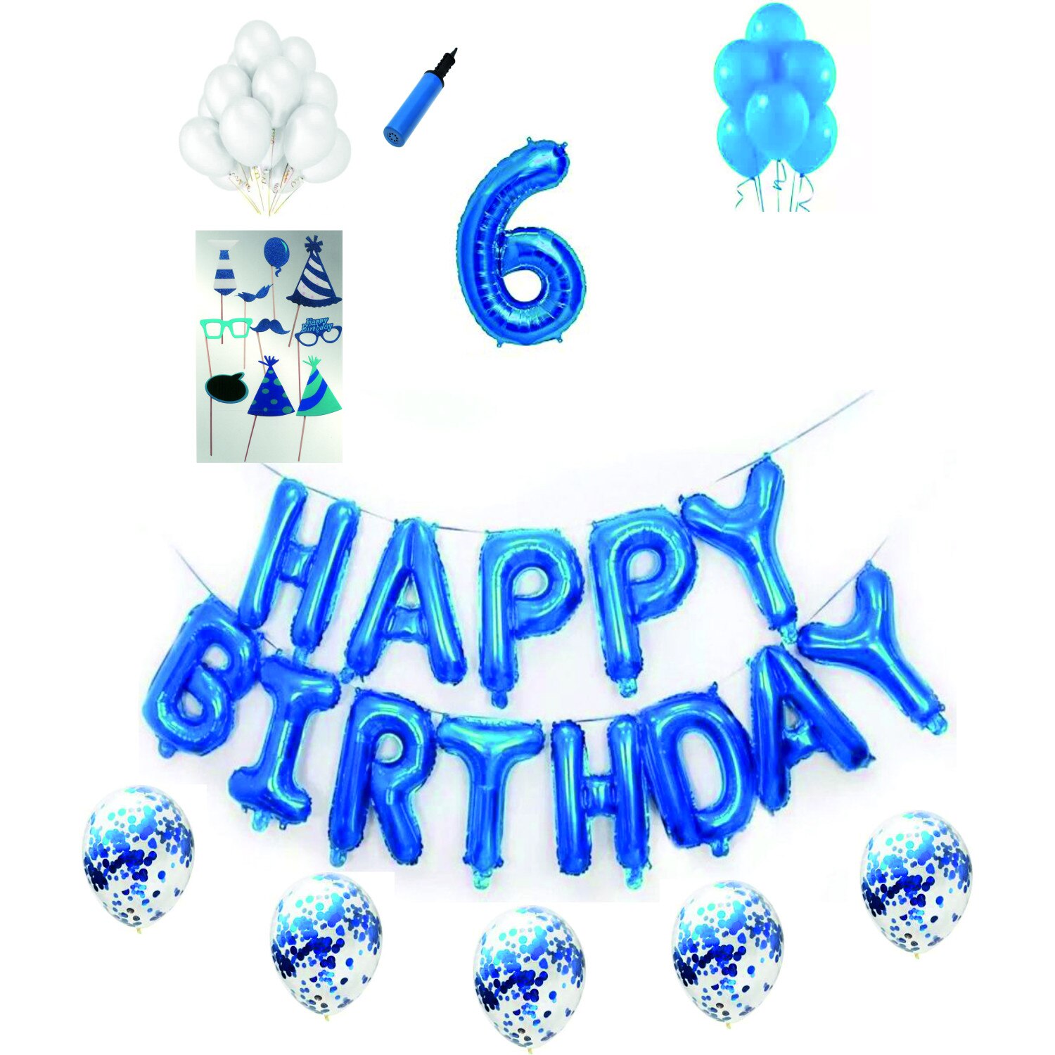 Set complet baloane Happy Birthday, pentru 6 ani, Albastru, cifra 1 metru cu set de propsuri