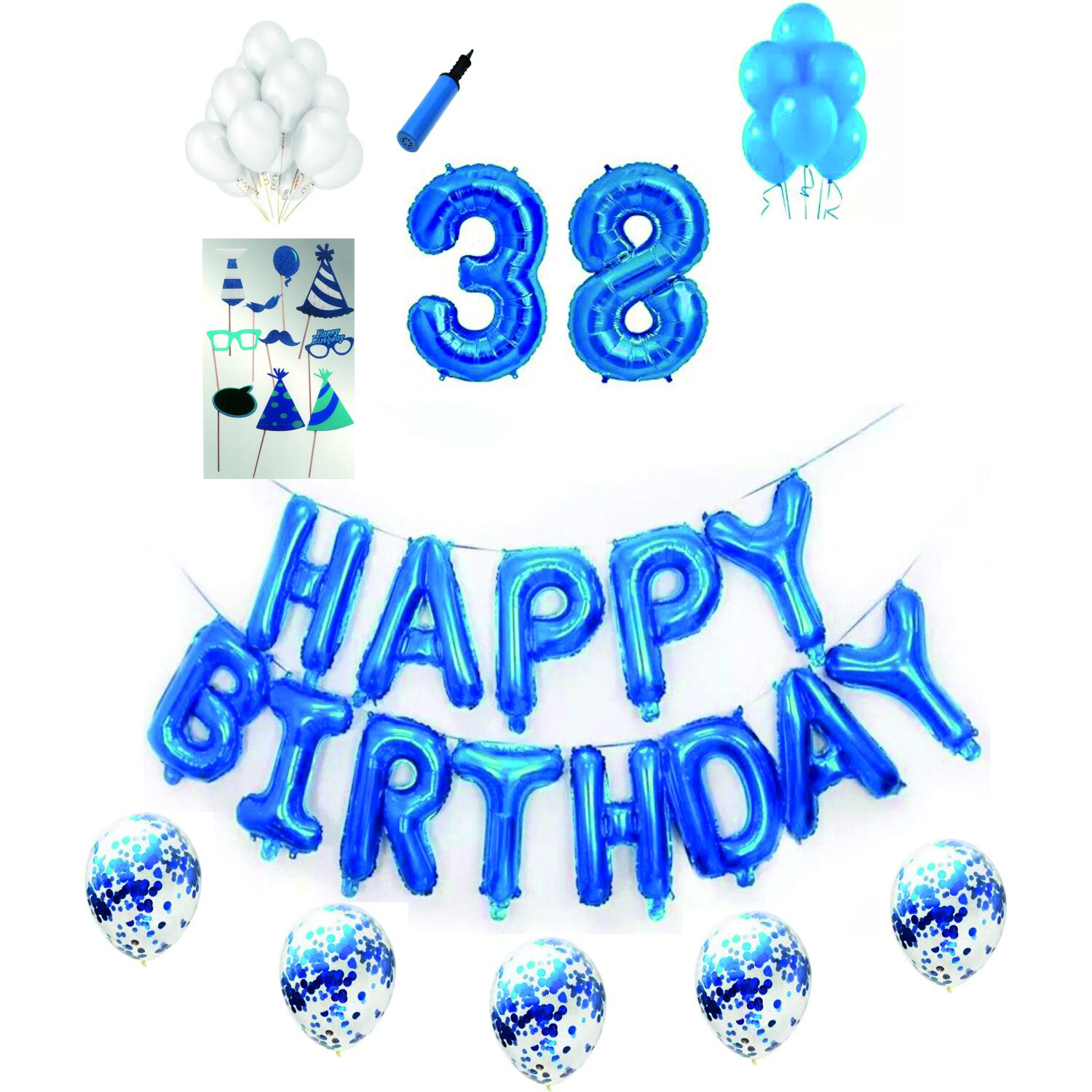 Set complet baloane Happy Birthday, pentru 38 ani, Albastru, cifre 1 metru cu set de propsuri