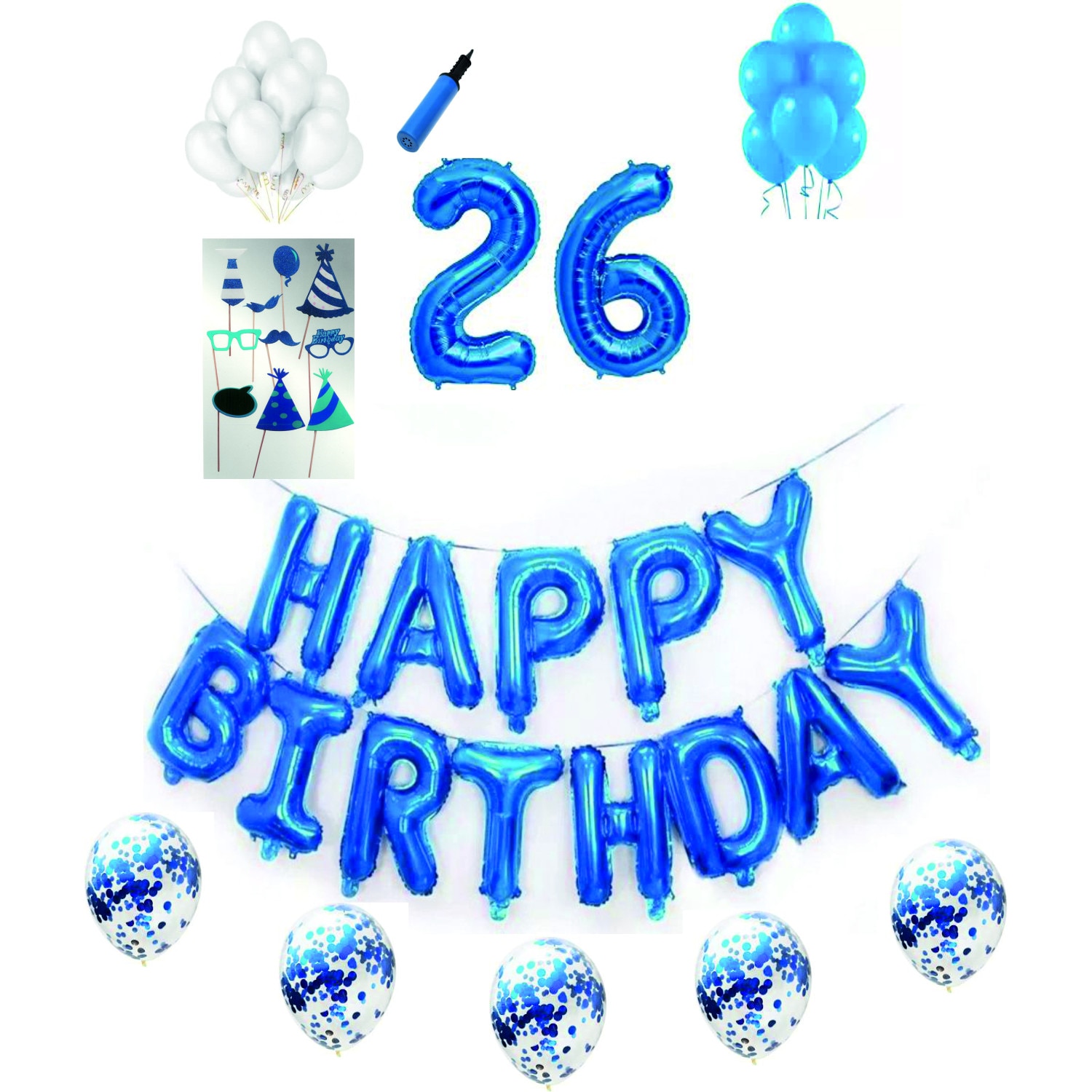 Set complet baloane Happy Birthday, pentru 26 ani, Albastru, cifre 1 metru cu set de propsuri