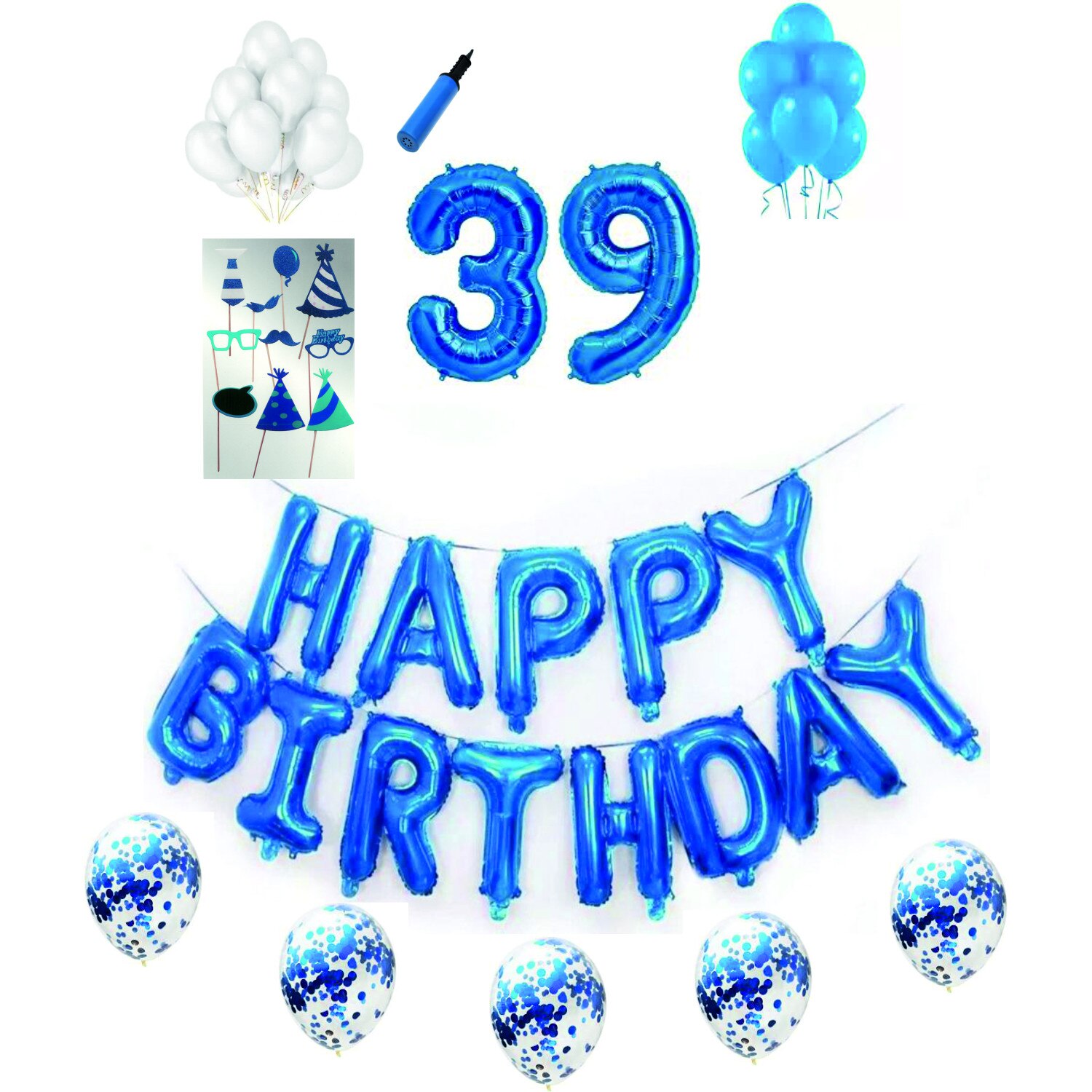 Set complet baloane Happy Birthday, pentru 39 ani, Albastru, cifre 1 metru cu set de propsuri