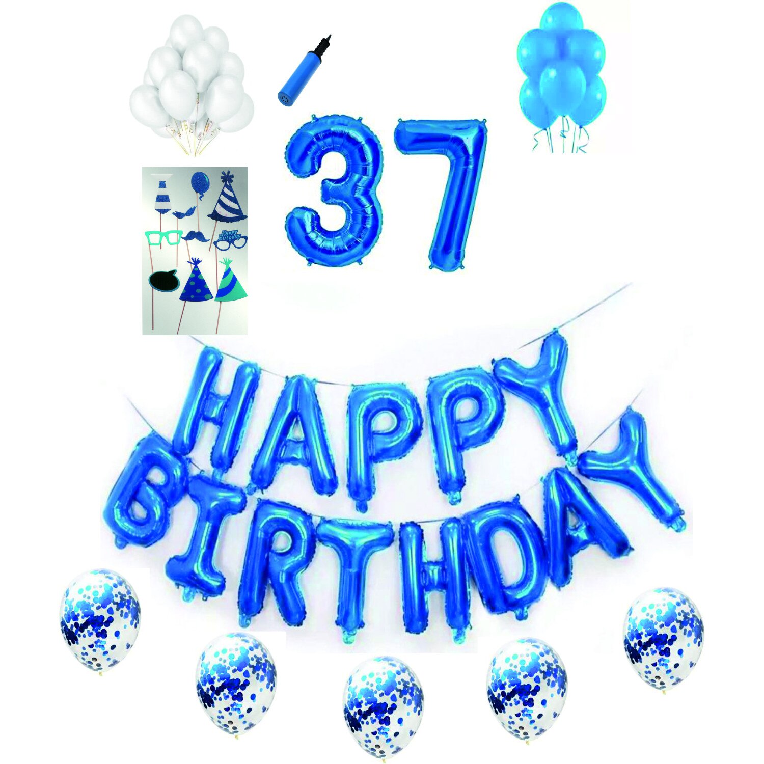 Set complet baloane Happy Birthday, pentru 37 ani, Albastru, cifre 1 metru cu set de propsuri