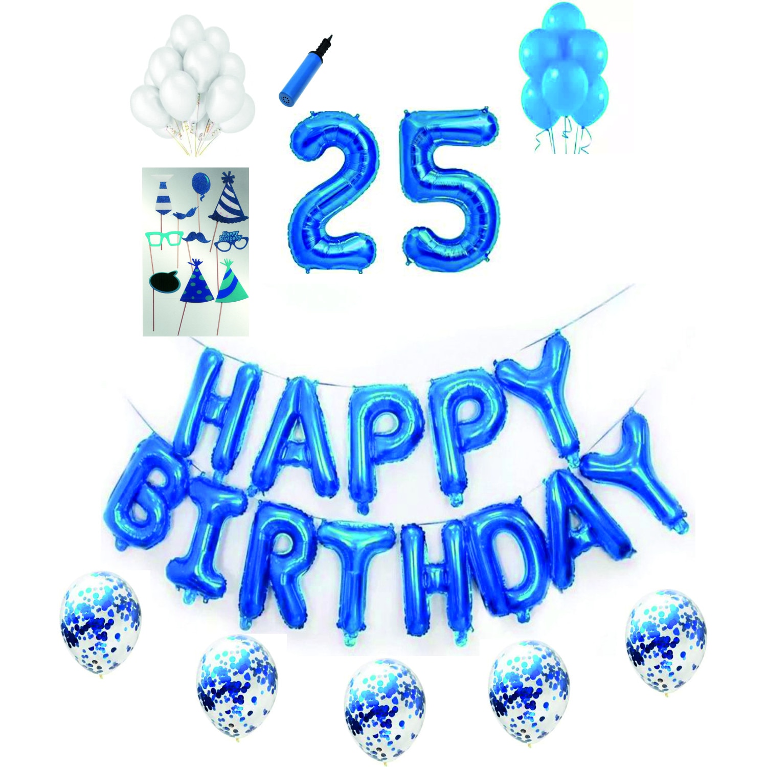 Set complet baloane Happy Birthday, pentru 25 ani, Albastru, cifre 1 metru cu set de propsuri