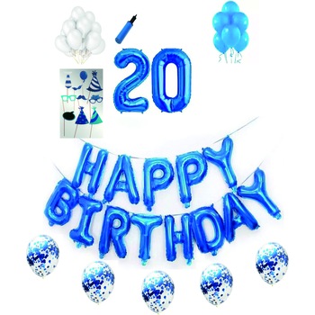Set complet baloane Happy Birthday, pentru 20 ani, Albastru, cifre 1 metru cu set de propsuri Set complet baloane Happy Birthday, pentru 20 ani, Albastru, cifre 1 metru cu set de propsuri