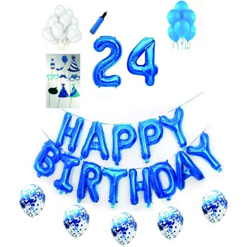 Set complet baloane Happy Birthday, pentru 24 ani, Albastru, cifre 1 metru cu set de propsuri Set complet baloane Happy Birthday, pentru 24 ani, Albastru, cifre 1 metru cu set de propsuri