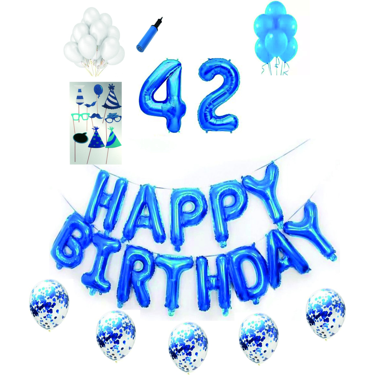 Set complet baloane Happy Birthday, pentru 42 ani, Albastru, cifre 1 metru cu set de propsuri
