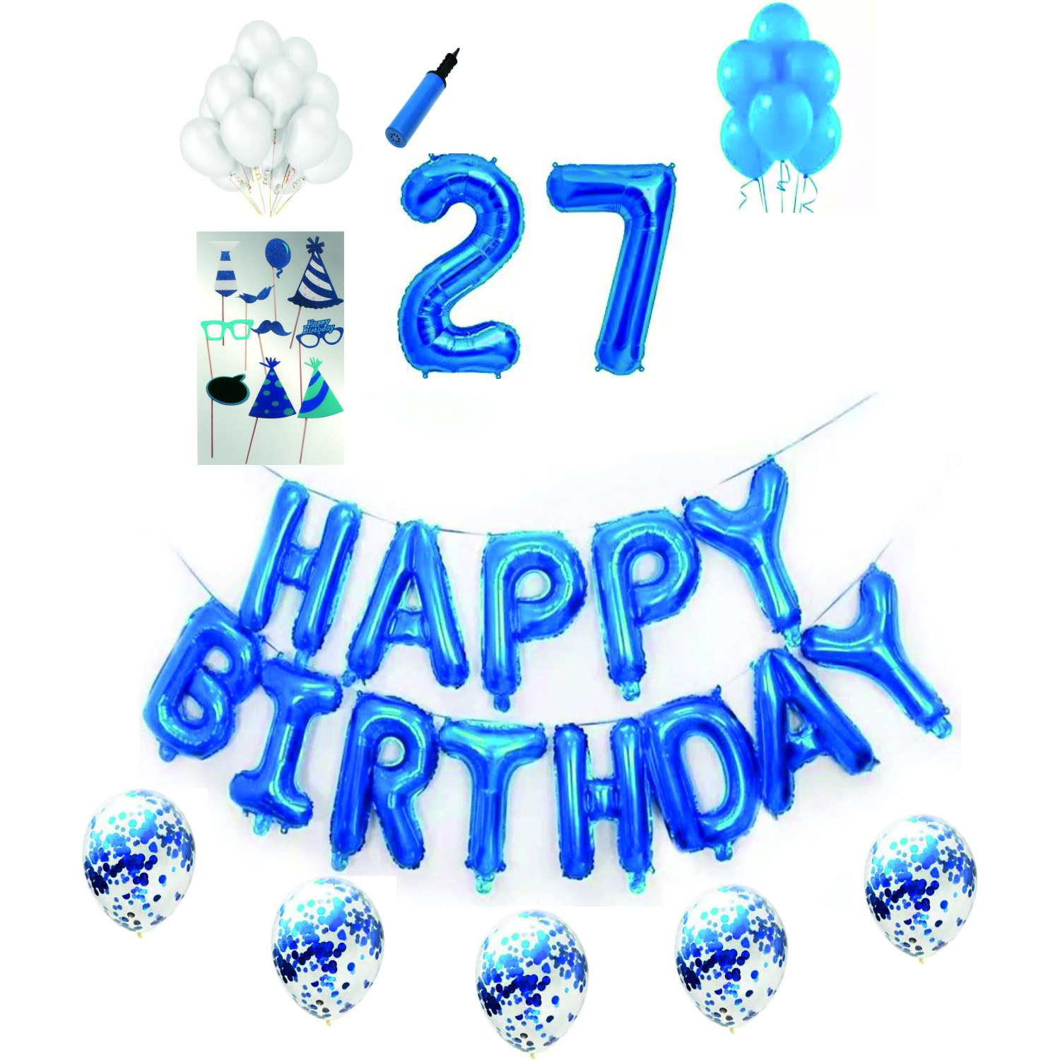 Set complet baloane Happy Birthday, pentru 27 ani, Albastru, cifre 1 metru cu set de propsuri