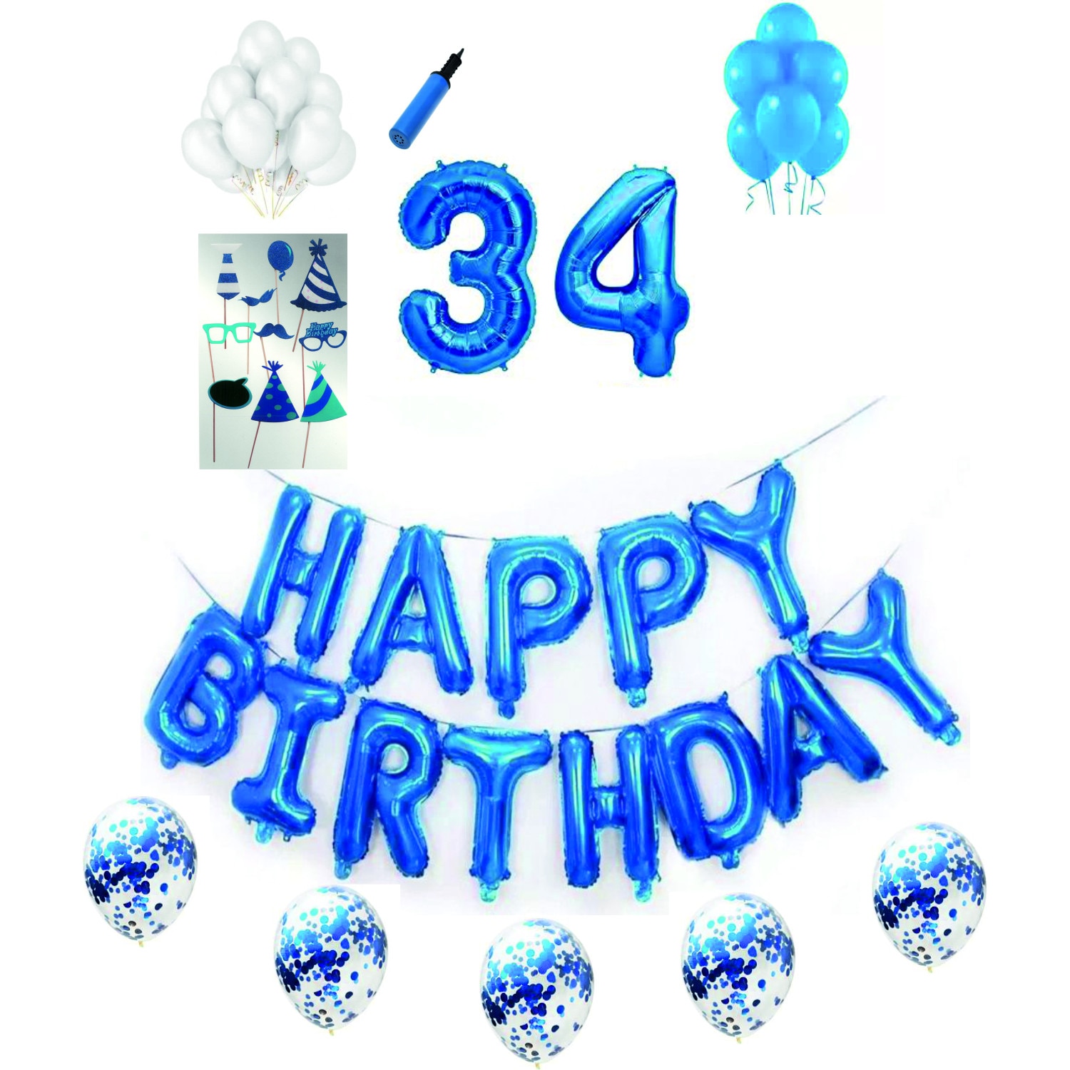 Set complet baloane Happy Birthday, pentru 34 ani, Albastru, cifre 1 metru cu set de propsuri