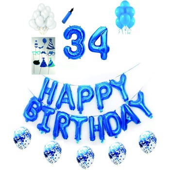 Set complet baloane Happy Birthday, pentru 34 ani, Albastru, cifre 1 metru cu set de propsuri Set complet baloane Happy Birthday, pentru 34 ani, Albastru, cifre 1 metru cu set de propsuri