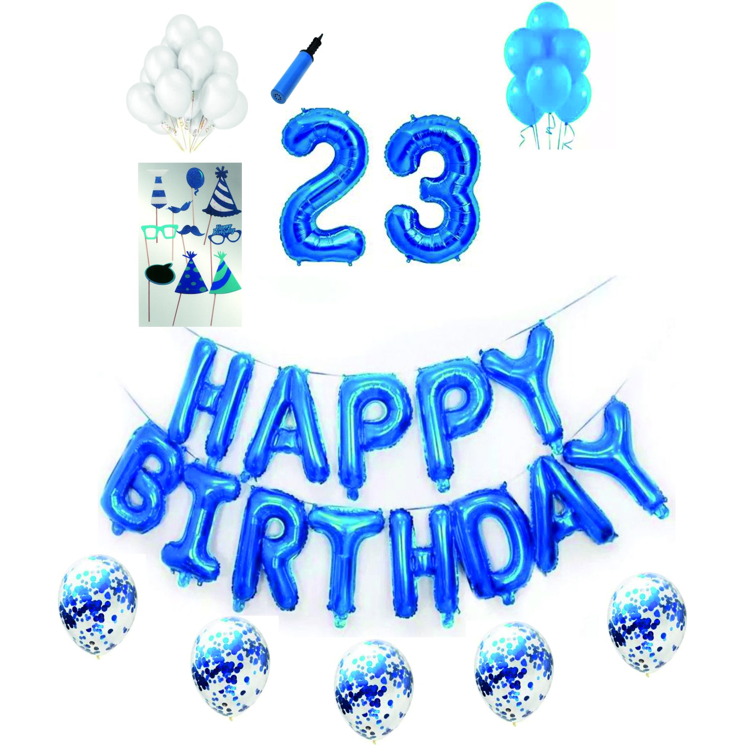 Set complet baloane Happy Birthday, pentru 23 ani, Albastru, cifre 1 metru cu set de propsuri