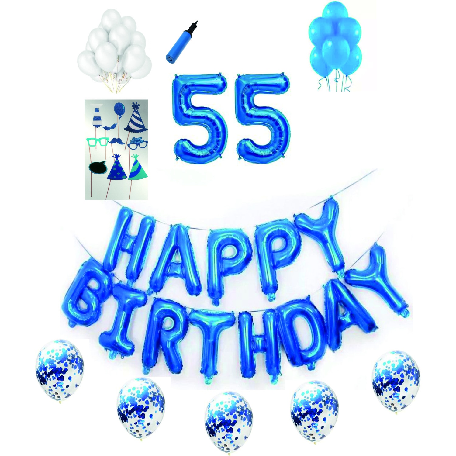 Set complet baloane Happy Birthday, pentru 55 ani, Albastru, cifre 1 metru cu set de propsuri
