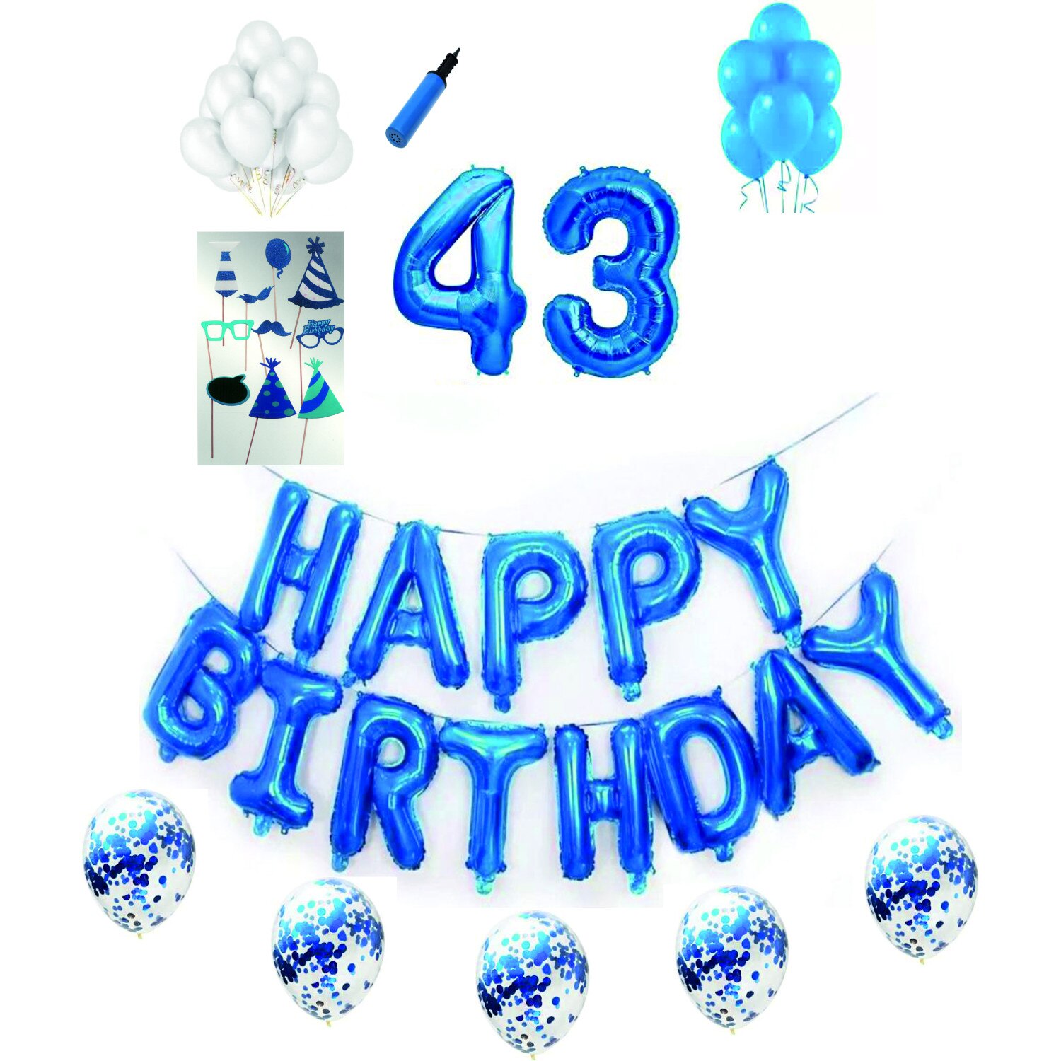 Set complet baloane Happy Birthday, pentru 43 ani, Albastru, cifre 1 metru cu set de propsuri