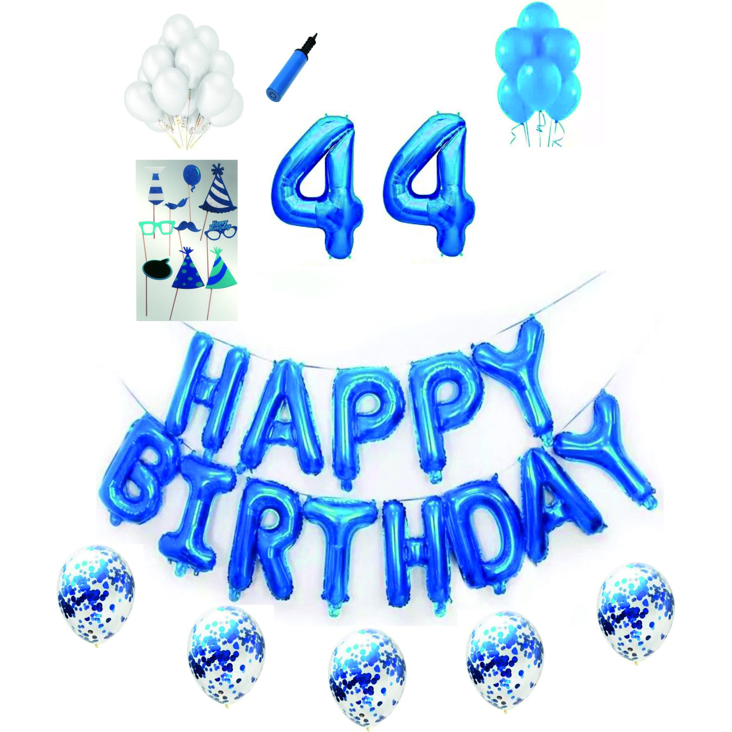 Set complet baloane Happy Birthday, pentru 44 ani, Albastru, cifre 1 metru cu set de propsuri