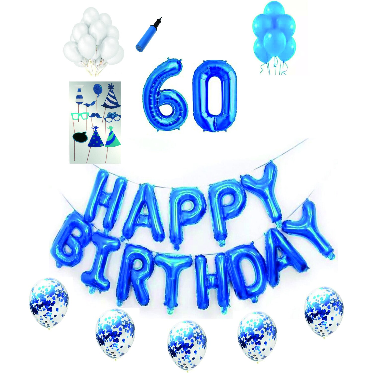 Set complet baloane Happy Birthday, pentru 60 ani, Albastru, cifre 1 metru cu set de propsuri