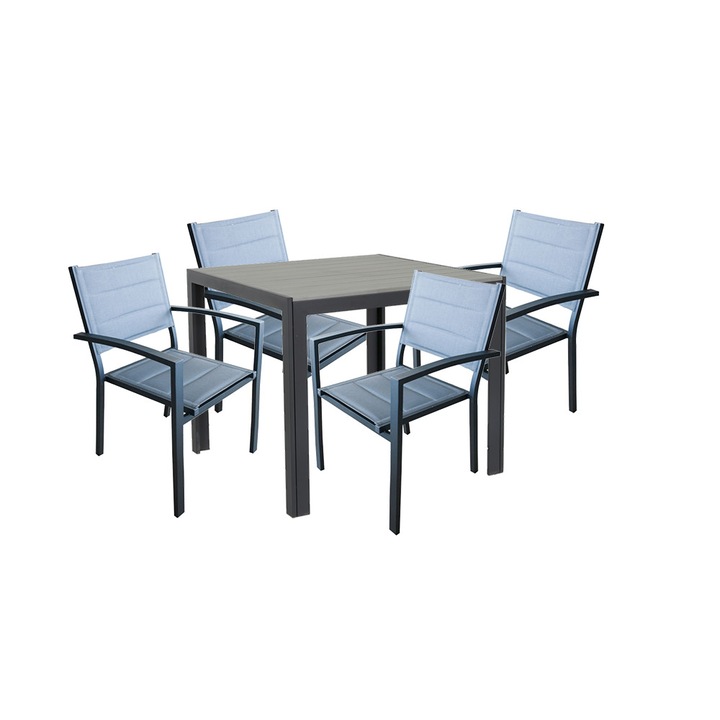 Set mobila pentru terasa, gradina RAKI HUNA masa patrata polywood 90xh74cm cu 4 scaune cu brate din panza dubla cu cadru aluminiu