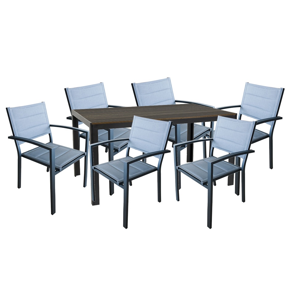 Set mobila pentru terasa, gradina RAKI BAKA masa maro 156x78xh74cm cu 6 scaune cu brate din panza dubla cu cadru aluminiu