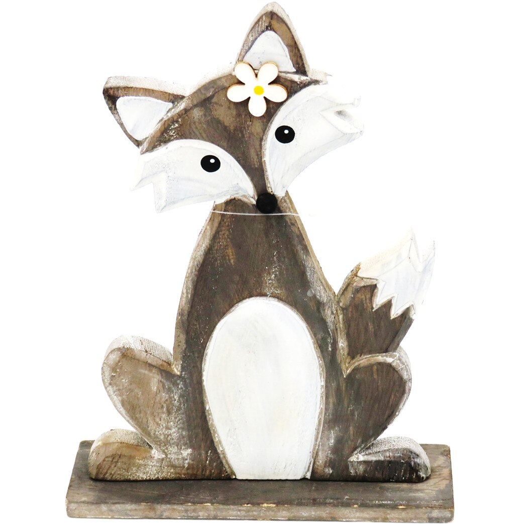 Decoratiune gradina, vulpe simpatica, lemn, nuante de maro, gri, negru si alb murdar, 16x22cm